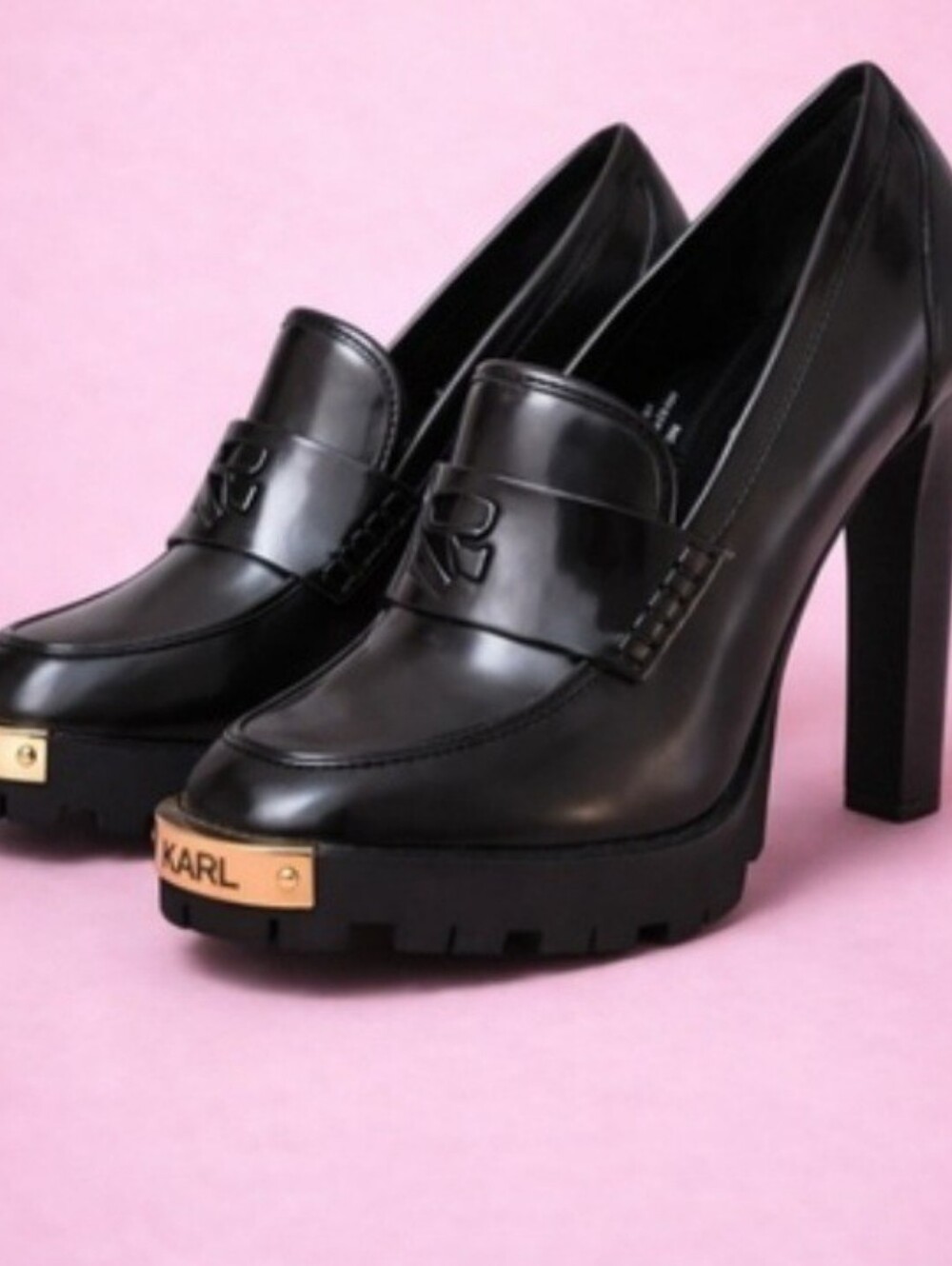 Women Karl Lagerfeld Black Heeled Loafer Pumps Size 8 - Picture 2 of 10